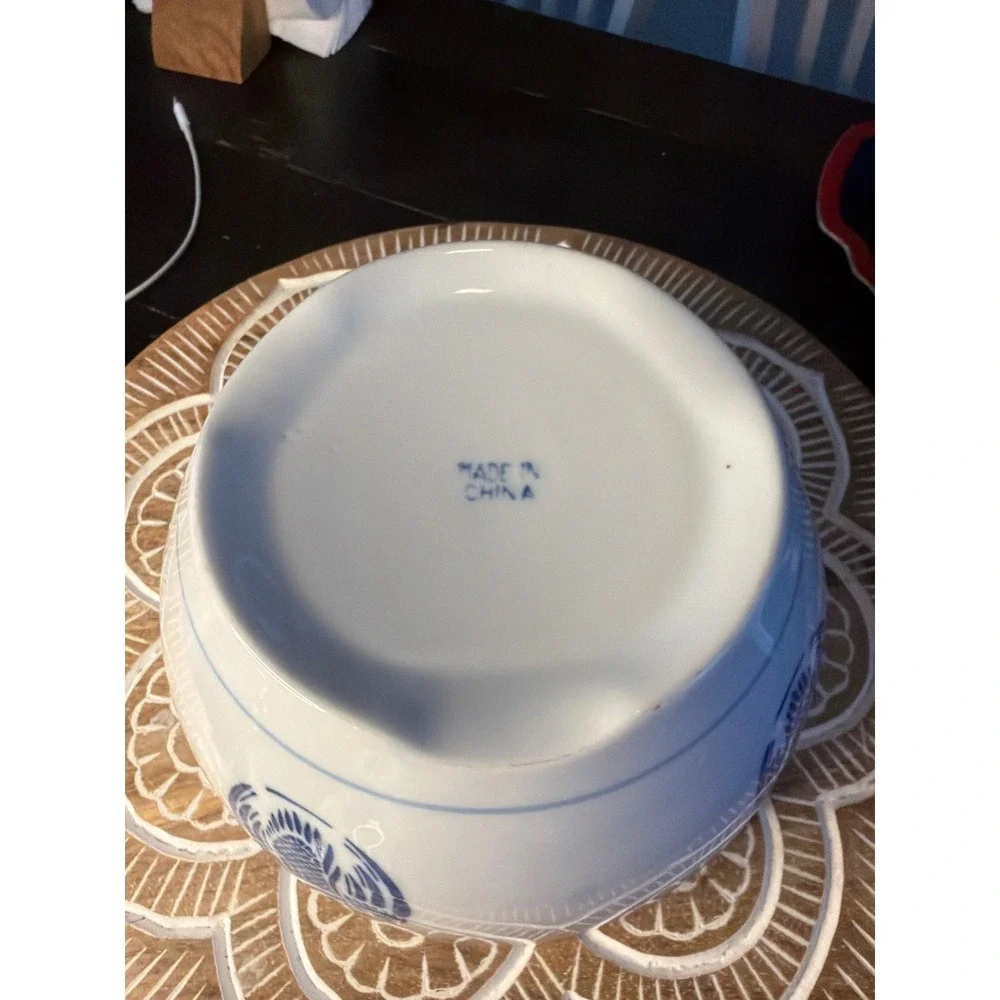 Vintage Blue and White Porcelain Crane Tureen Lidded Chinoiserie - 9in